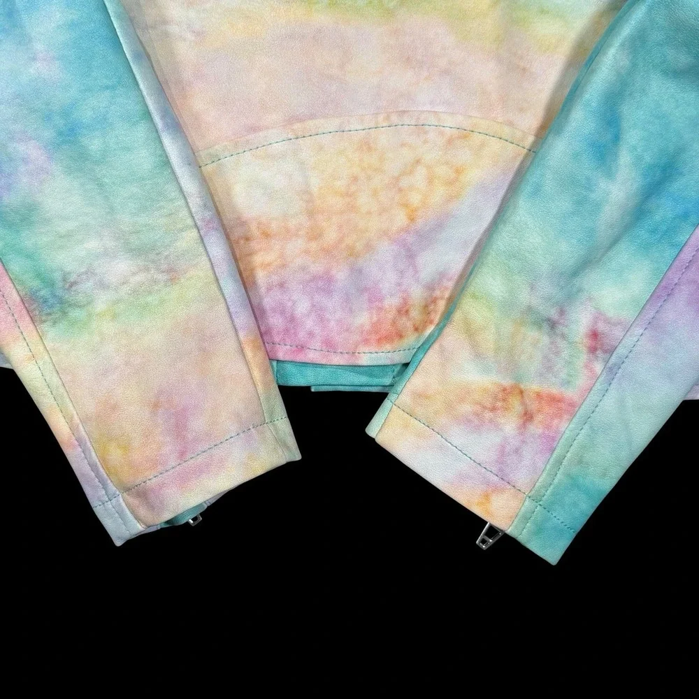 Blank NYC Girls Pastel Tie Dye Faux Leather Moto Jacket Zip Front Size 12 Large